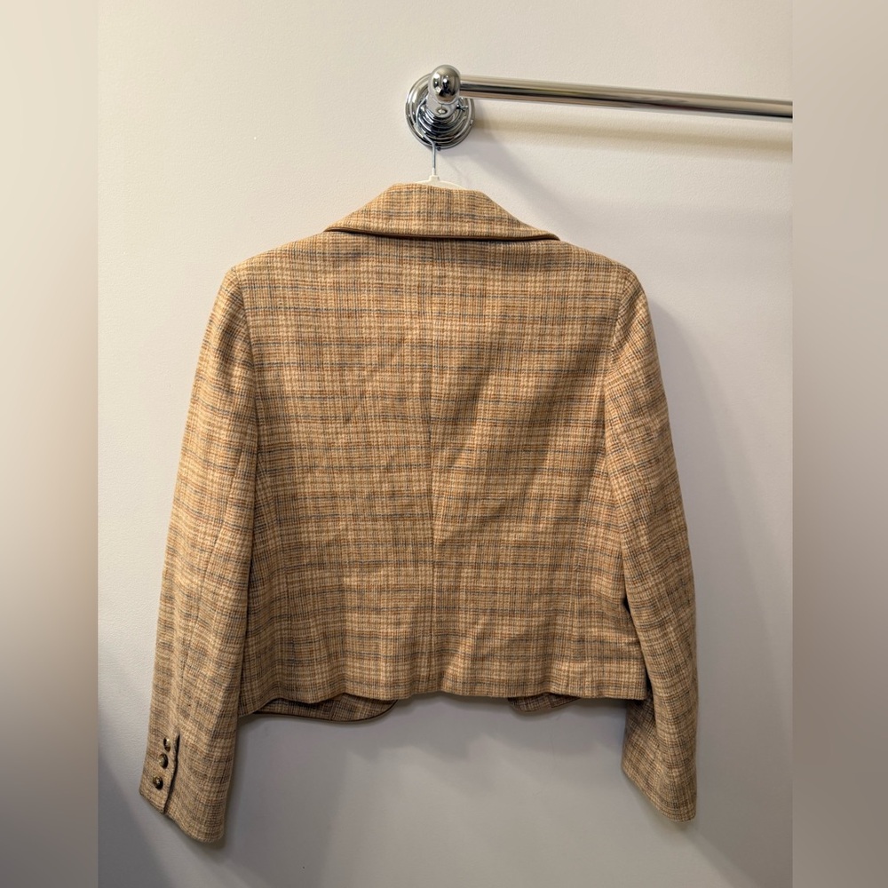 Vintage Y2K Cropped Plaid Wool-Blend Blazer Genuine Leather Trim – Sz 10 - Picture 2 of 4